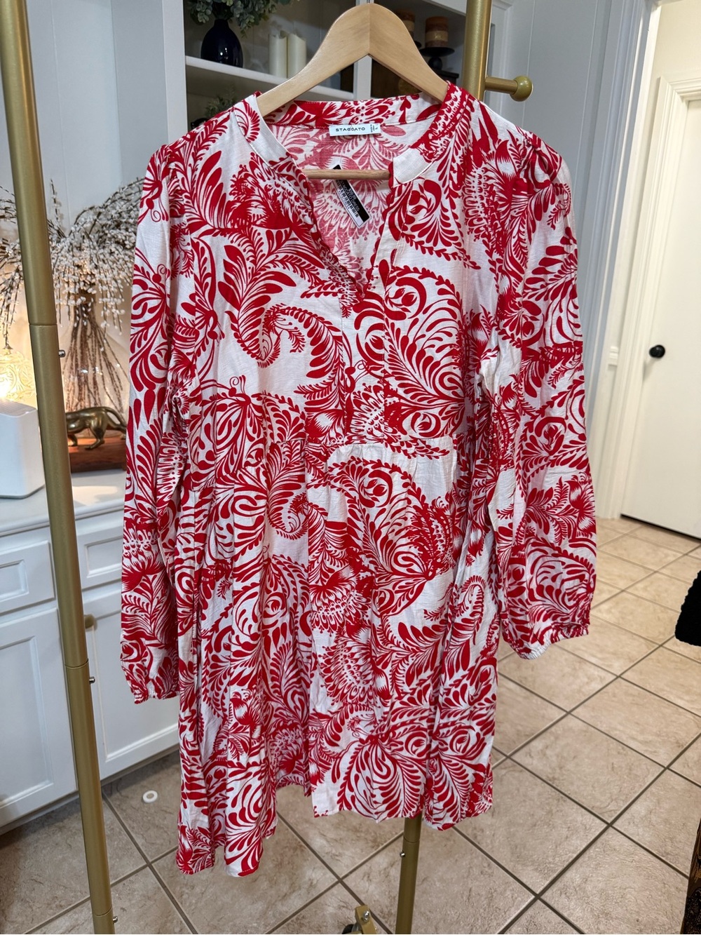 Staccato Red & White Long Sleeve Printed Tiered Dress